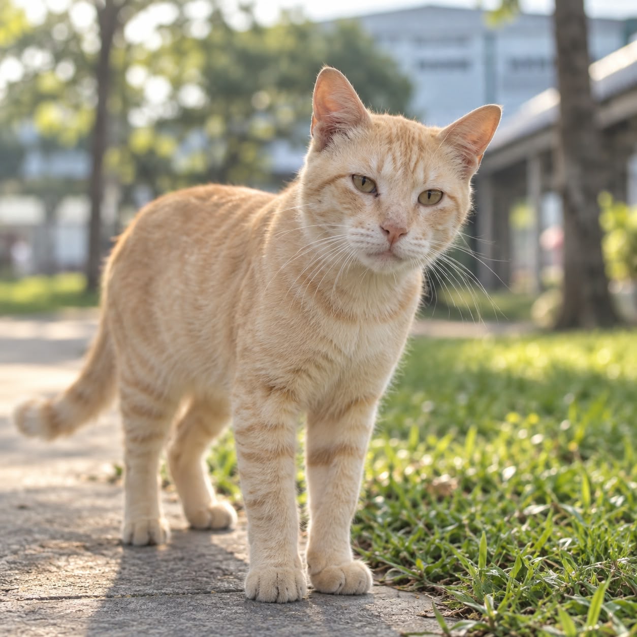 Abdul, kucing oren residen KVKS, berdiri di laluan kampus