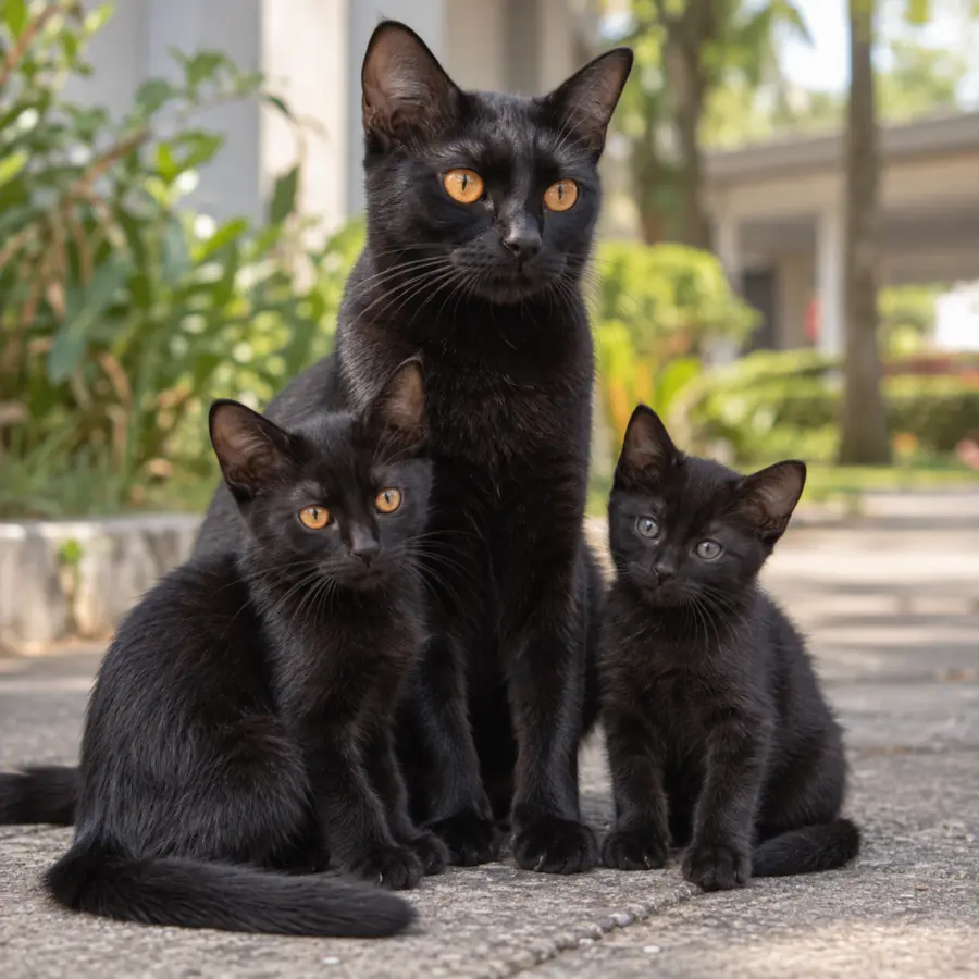 Kucing hitam bersama dua anak kucing hitam